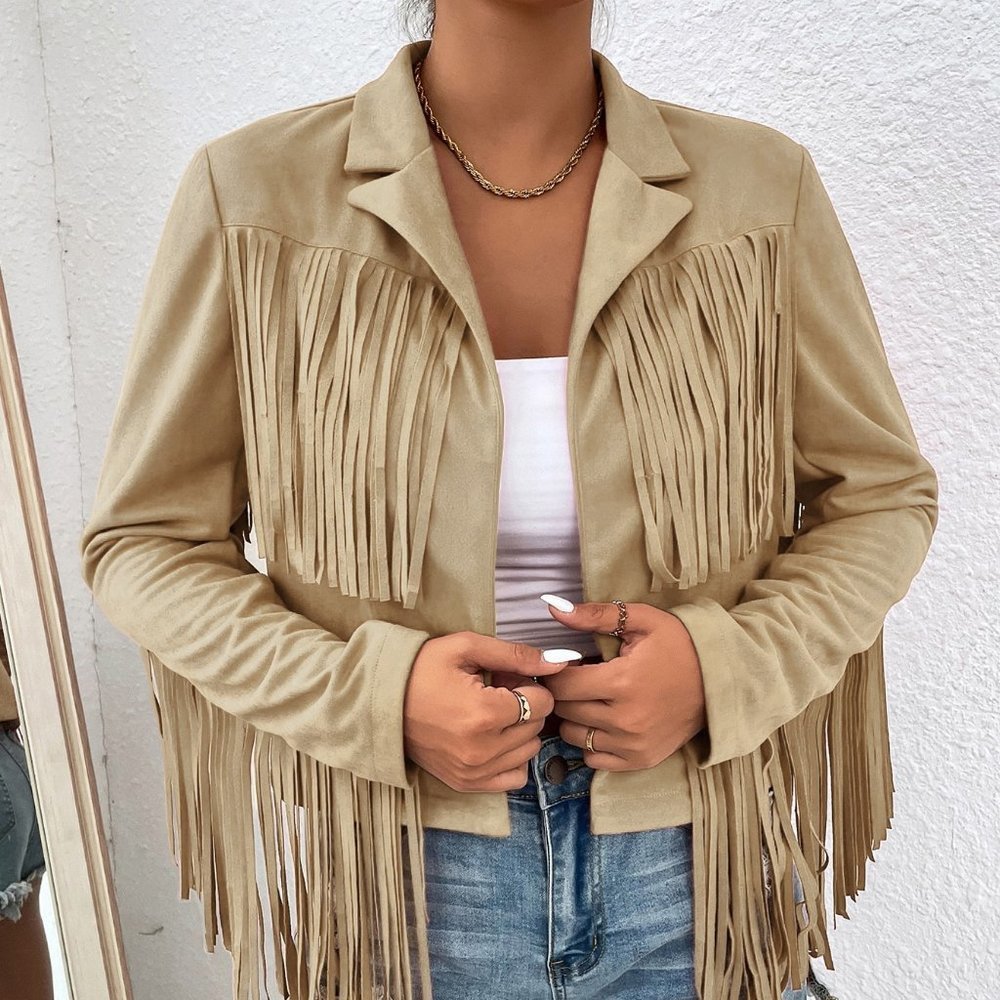 Boho Fringe Trim Open Front Jacket tan - Picture 5 of 5